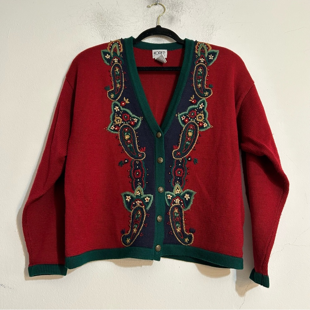 Vintage Koret Knit Paisley Floral Embroidered Cardigan Sweater Folk Art Holiday